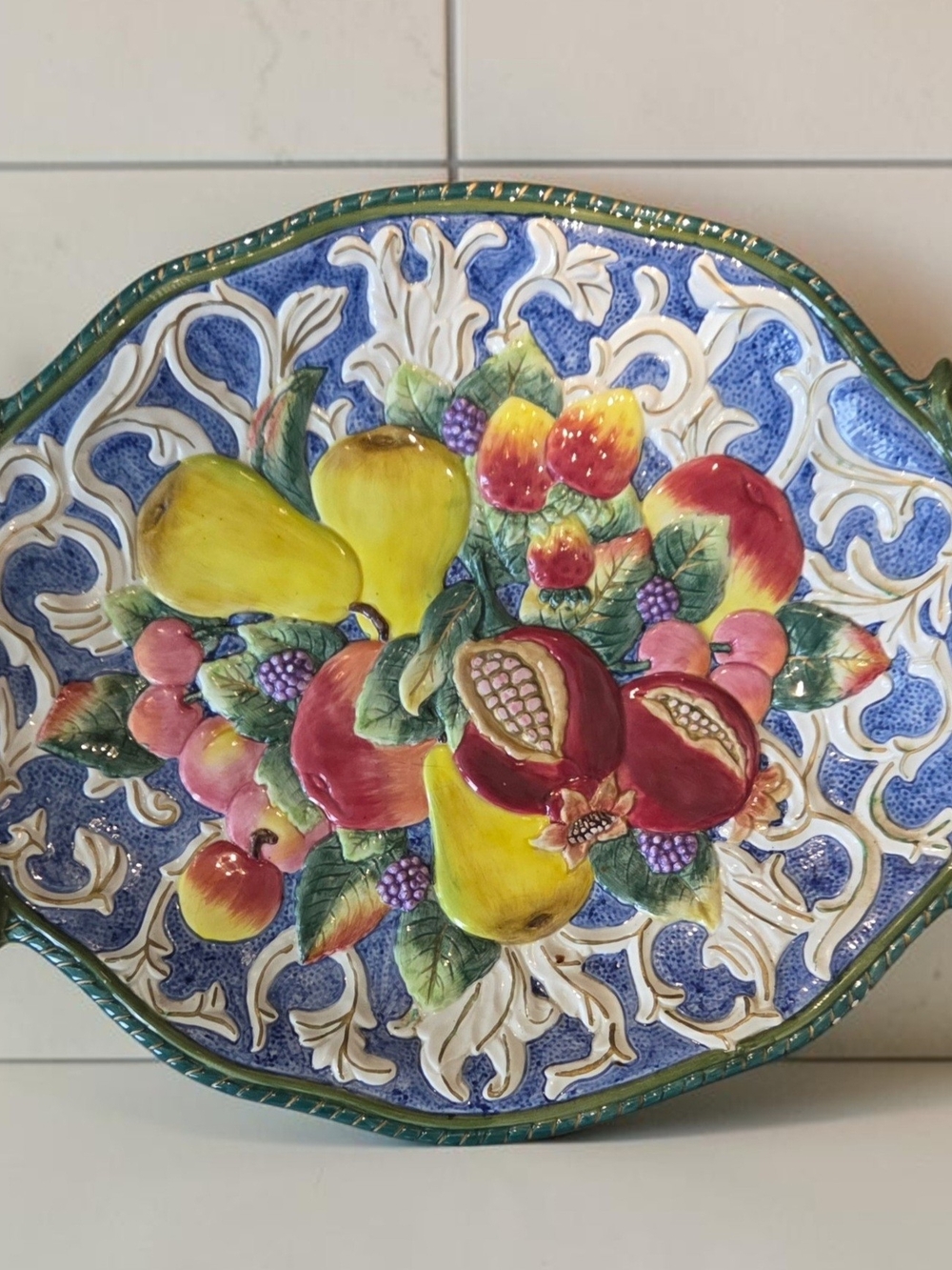Hand-Painted Ceramic Fruit Platter in Blue, Yellow & Red